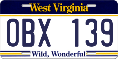WV license plate OBX139