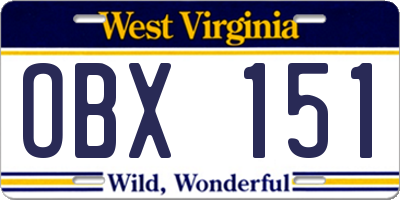WV license plate OBX151