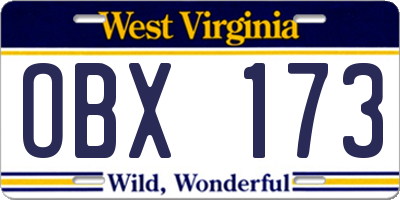 WV license plate OBX173