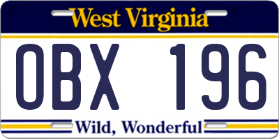 WV license plate OBX196
