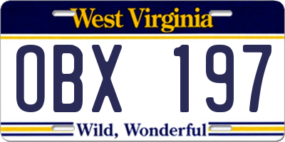 WV license plate OBX197