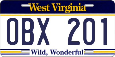 WV license plate OBX201