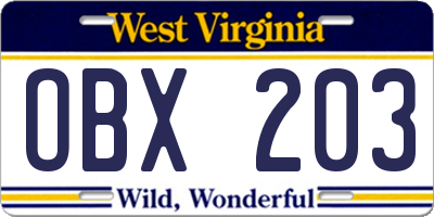 WV license plate OBX203