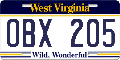 WV license plate OBX205