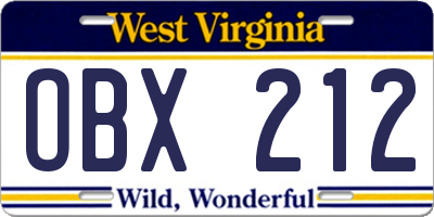 WV license plate OBX212