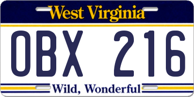 WV license plate OBX216
