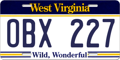 WV license plate OBX227
