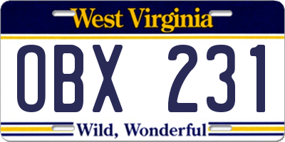 WV license plate OBX231