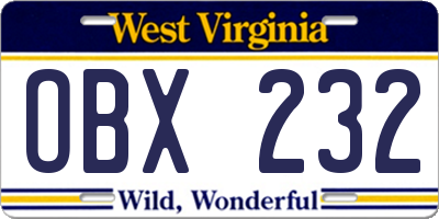 WV license plate OBX232