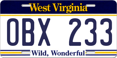 WV license plate OBX233