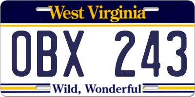 WV license plate OBX243