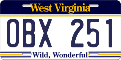 WV license plate OBX251