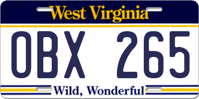 WV license plate OBX265