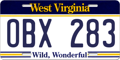 WV license plate OBX283