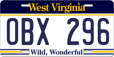 WV license plate OBX296