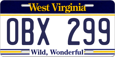 WV license plate OBX299