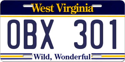 WV license plate OBX301