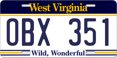 WV license plate OBX351
