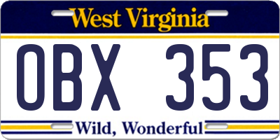 WV license plate OBX353