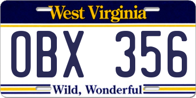 WV license plate OBX356