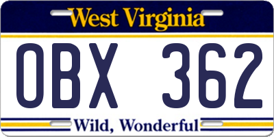 WV license plate OBX362