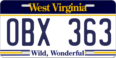 WV license plate OBX363