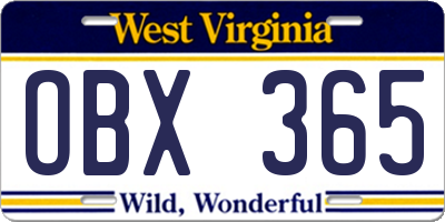 WV license plate OBX365