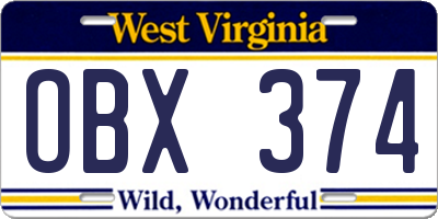 WV license plate OBX374
