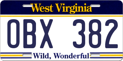 WV license plate OBX382