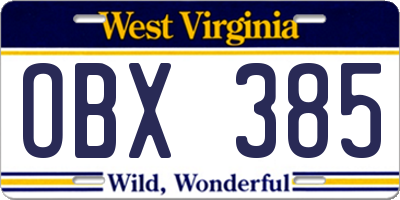 WV license plate OBX385