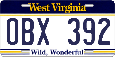 WV license plate OBX392