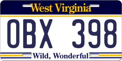 WV license plate OBX398