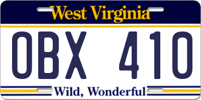WV license plate OBX410
