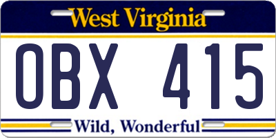WV license plate OBX415