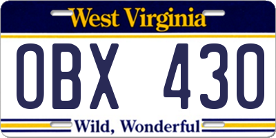 WV license plate OBX430
