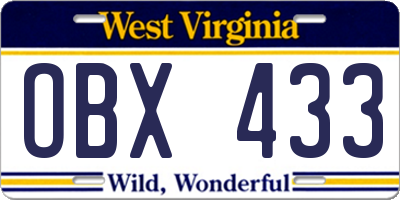 WV license plate OBX433