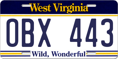 WV license plate OBX443
