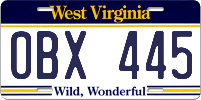 WV license plate OBX445