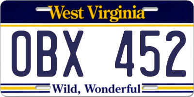 WV license plate OBX452