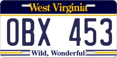 WV license plate OBX453