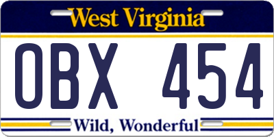 WV license plate OBX454