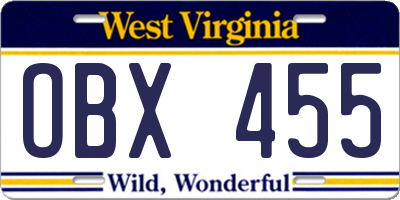 WV license plate OBX455