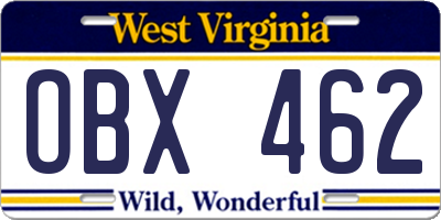 WV license plate OBX462