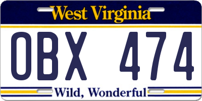WV license plate OBX474