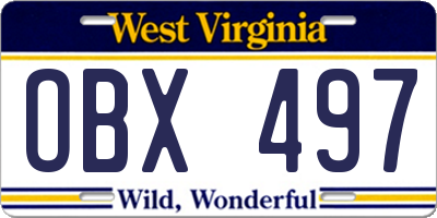WV license plate OBX497