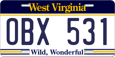 WV license plate OBX531