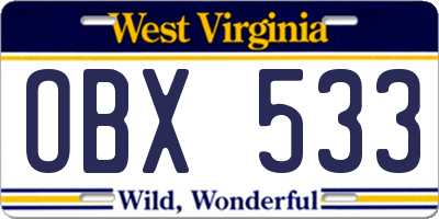 WV license plate OBX533