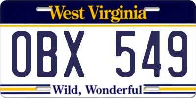 WV license plate OBX549