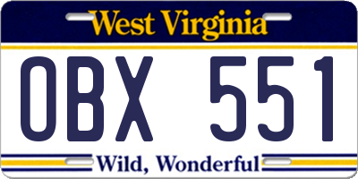 WV license plate OBX551