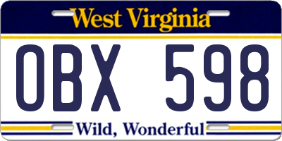 WV license plate OBX598